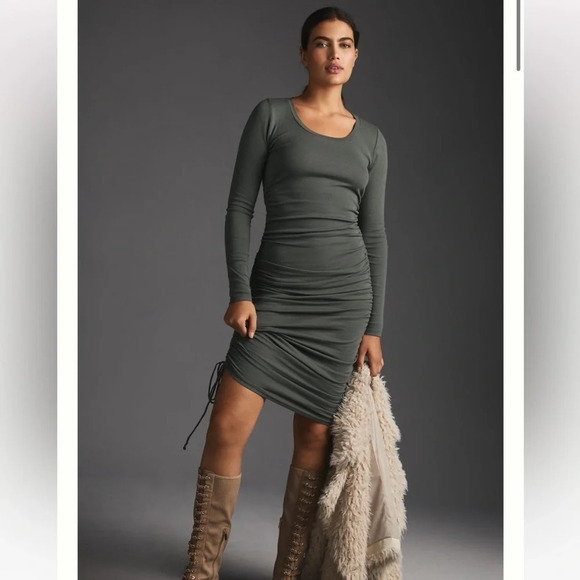 Anthropologie T.La Long-Sleeve Ruched Dress in Moss size Large - Picture 1 of 8